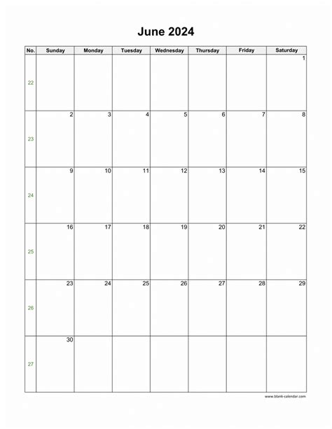 Download June 2024 Blank Calendar Vertical
