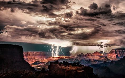 Grand Canyon Lightning Storm Clouds Night Cliff Erosion Nature Landscape Wallpapers Hd