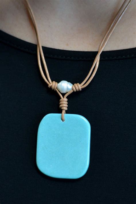 Make You Stay Faux Leather Necklace With Stone Pendant In Turquoise