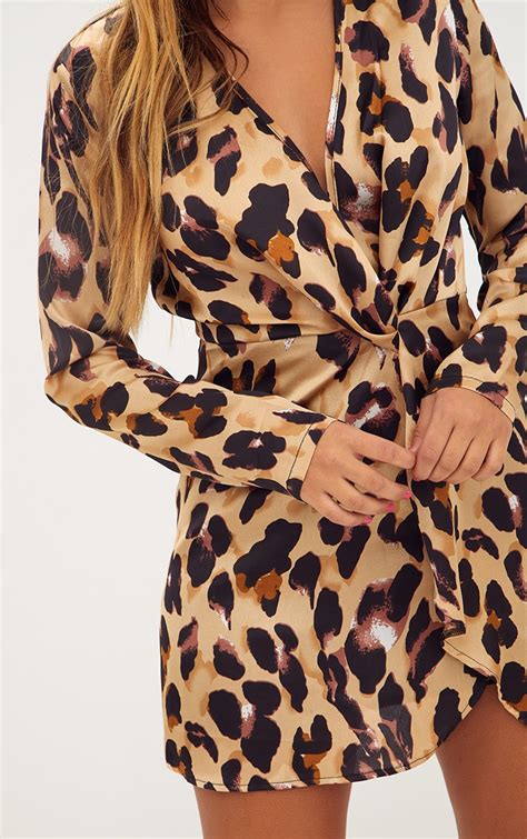 Leopard Print Satin Long Sleeve Wrap Dress Prettylittlething Aus