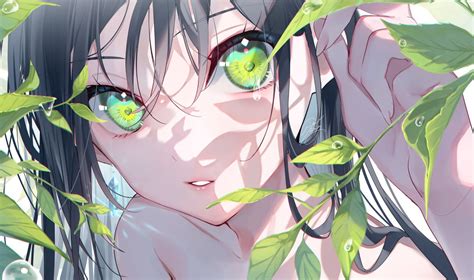 anime girls green eyes dark hair leaves water drops wallpaper resolution 1687x999 id 1351534