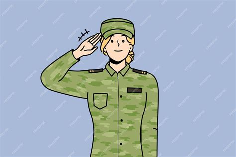 mujer soldado en uniforme saludando vector premium