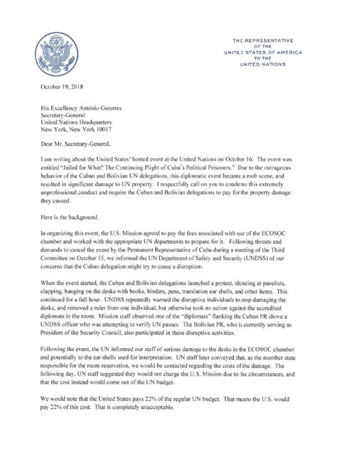Respected sir, i hope you are doing well in health. US Letter to UN Secretary General Antonio Guterres