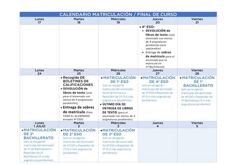Calendario De Matriculación Final De Curso Ies Gerena