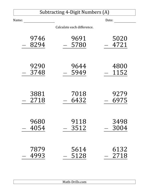 Listed from simplest to most difficult. The Large Print 4-Digit Minus 4-Digit Subtraction (A) Math Worksheet from the Subtraction ...