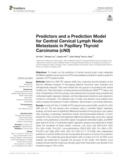 Pdf Predictors And A Prediction Model For Central Cervical Lymph Node