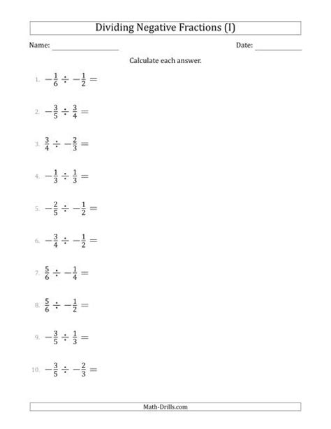 Dividing Fractions With Negative Numbers Worksheet