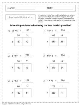 Area model multiplication try it! 4.NBT.5 - Area Model Multiplication Worksheets by Homework Hut | TpT