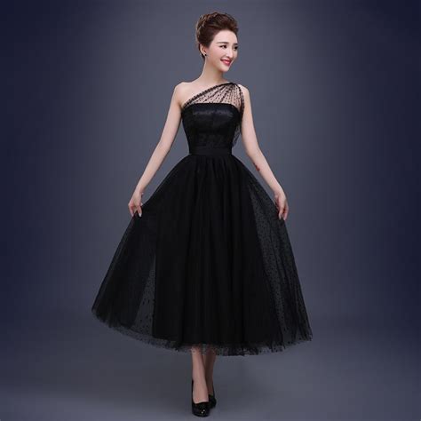 Ball Gown Tulle Dots One Shoulder Tea Length Prom Dresses Black Plus Size Sexy Party Gowns Robe