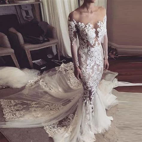 Romantic Long Lace Mermaid Wedding Gown Full Sleeves Nude Tulle