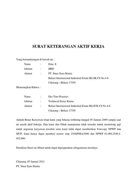 Contoh Surat Keterangan Karyawan