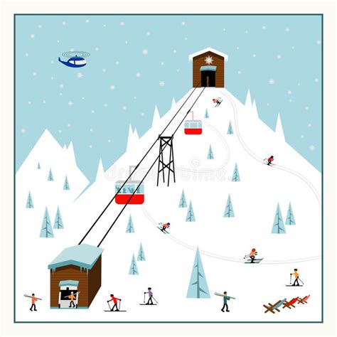 Cool Pastel Cartoon Ski Poster The Mountain Resort With Lifts Slopes