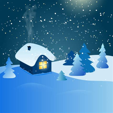 Abstract Winter Landscape With House And Snowy Forest At Night Stock