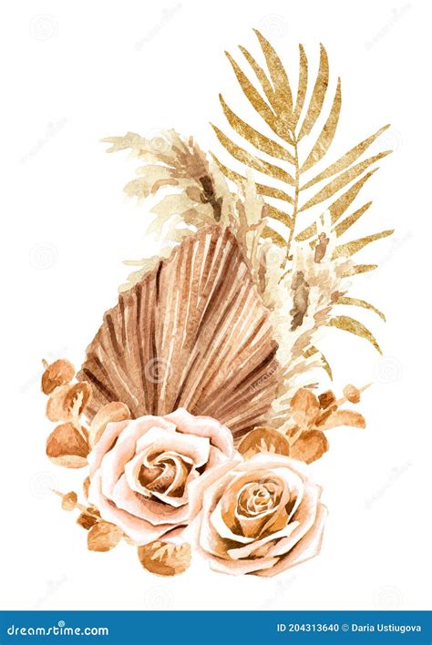 Boho Composition Of Dried Rose Flowers Palm Leaves And Pampas Grass