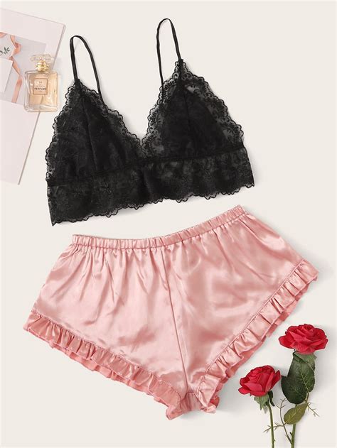 Ad Floral Lace Bralette With Satin Shorts Tags Satin Sexy Sets Contrast Lace Ruffle Hem
