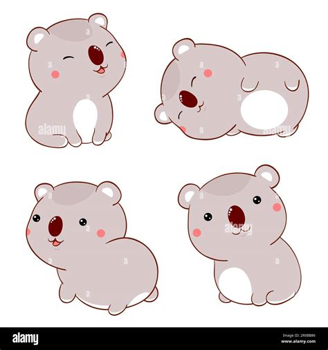 Set Of Cute Fat Cartoon Koalas In Kawaii Style Collection Of Lovely