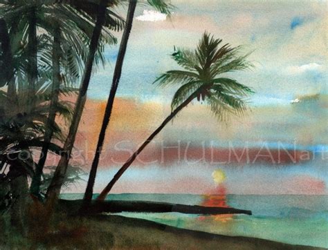 ORIGINAL landscape beach sunset palm trees watercolor painting, seascape 12x16" What is more ...