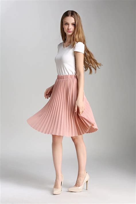 black knee length high elastic waist pleated women skirt casual spring summer skirts