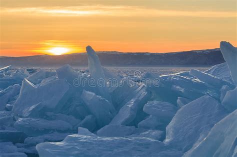 Sunset Over The Ice Of Baikal Lake Stock Photo Image Of Clear Cover