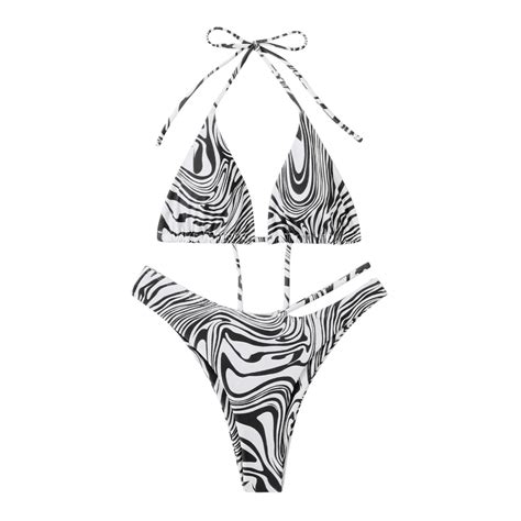 women s bikinis swimsuit zebra stripe v neck bikini set halter 2 piece sexy swimwear cutout