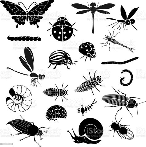 Set Of Black Silhouettes Of Cartoon Insects Isolated On White