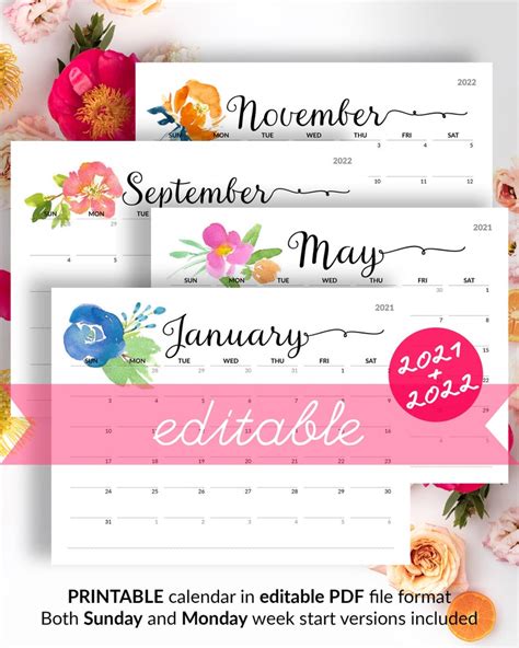 Floral Calendar Printable Calendar To Type In 2021 Wall Etsy