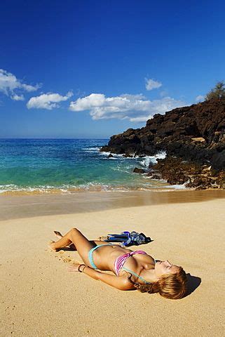 Hawaii Maui Makena Big Beach Beautiful Woman With Snorkel Gear Relaxing On Sandy Shore