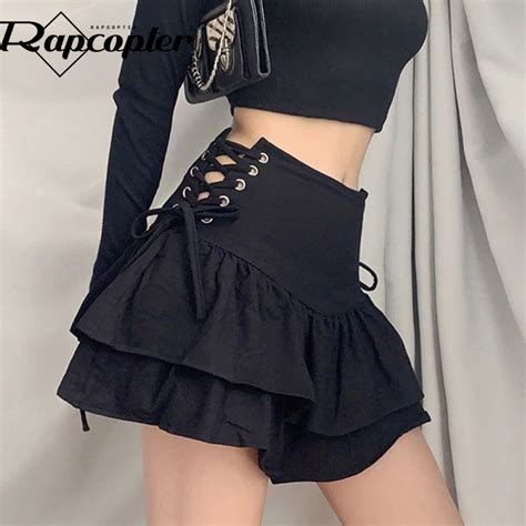 Jual Rapcopter Goth Black Pleated Skirts Cross Tie Up Mini Skirts Y2k