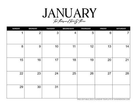 Editable Calendar Template January 2023 Printable Template Calendar Io
