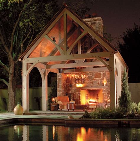 Gabled Roof Pavilion With Fireplace Outdoor Rooms Outdoor Fireplace