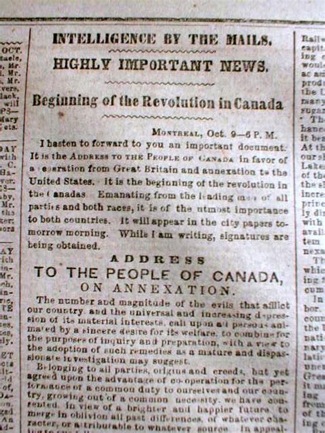 1849 Newspaper Montreal Annexation Manifesto Supports Annexing Of