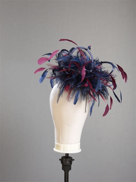 navy blue and burgundy wine medium satin and feather fascinator hat martha maighread stuart