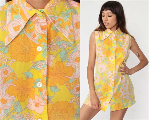 mod floral dress yellow orange psychedelic dress 70s mini dress 60s shift shirtdress button up