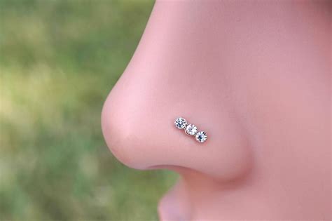 14kt Rose Gold Nose Ring Triple Crystal Rose Gold Nose Stud Etsy