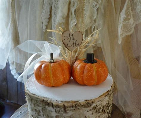 Fall Wedding Cake Topper Mini Pumpkin Topper Bride Groom Country