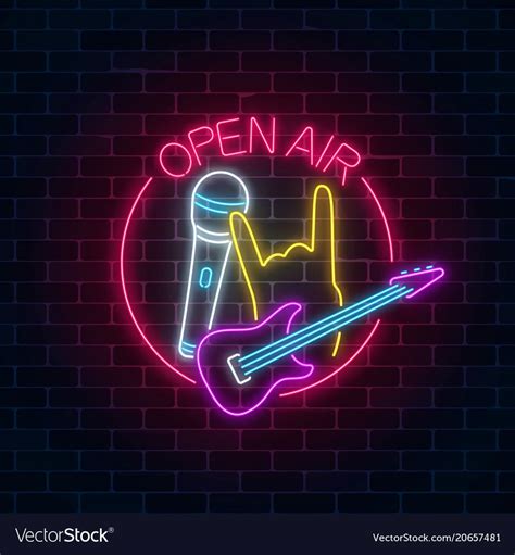 Neon Open Air Sign With Guitar Microphone And Vector Image Cover For