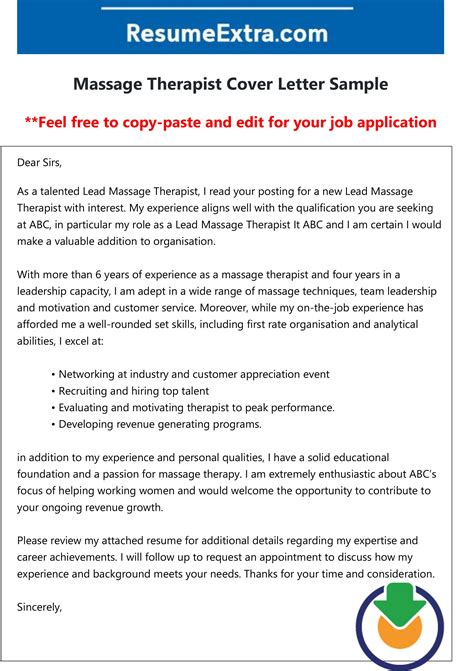 Free Massage Therapist Cover Letter