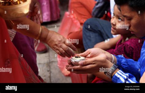 Kathmandu Nepal 19th Aug 2017 Buddhists Distribute Offerings To