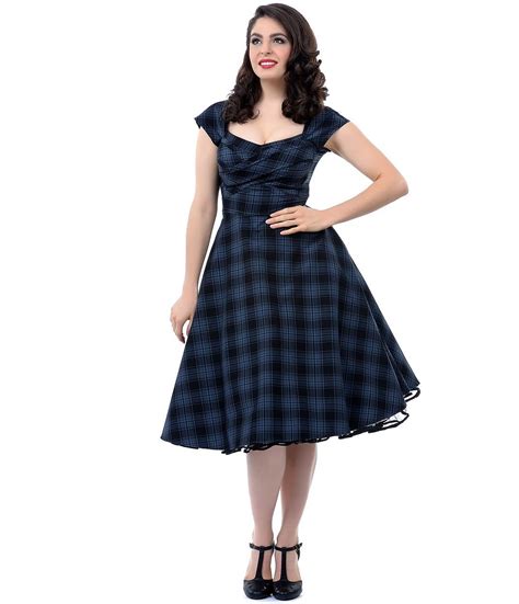 Stop Staring Blue Plaid Pleated Bodice 1950s Cecilia Swing Dress Plus Size Retro Dresses
