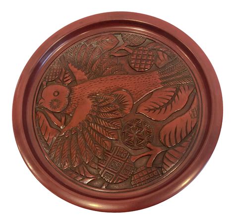 Vintage Carved Wood Lacquer Japanese Tea Tray Plate With Bird on Chairish.com | Tea tray ...