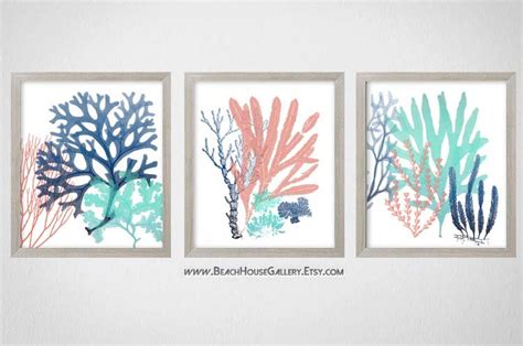 Navy Turquoise Coral Art Beach House Gallery Bathroom Art Etsy Coral