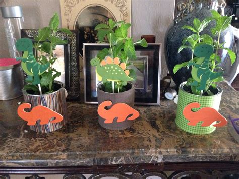 Dinosaurs Birthday Party Center Pieces Mint Plants And Wood Dino