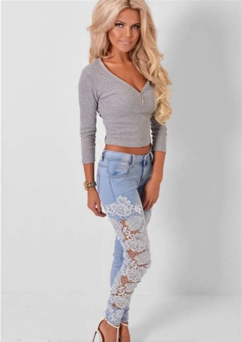 the explosion of european and american style sexy lace perspective jeans slim pants female in