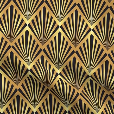 Black Art Deco Fans On Gold Satin Fabric Dana Du Design