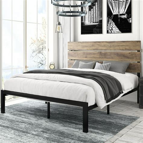 Amolife Full Size Platform Bed Frame With Wood Headboardrustic Country