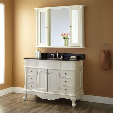 French medicine cabinet with glass shelving in the display area, drawer, and cabinet storage. 48" Sedwick Creamy White Vanity - Bathroom