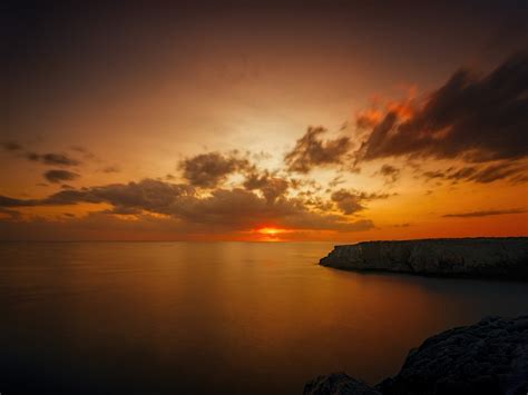 Desktop Wallpaper Orange Skyline Coast Sea Sky Sunset Hd Image