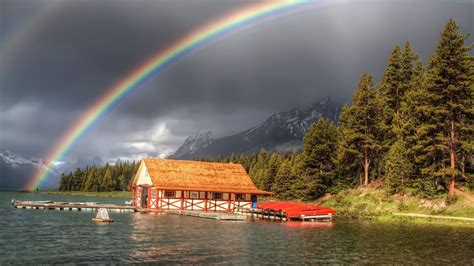 Forest House Lake Mountain Nature Rainbow Storm Water Wallpaper