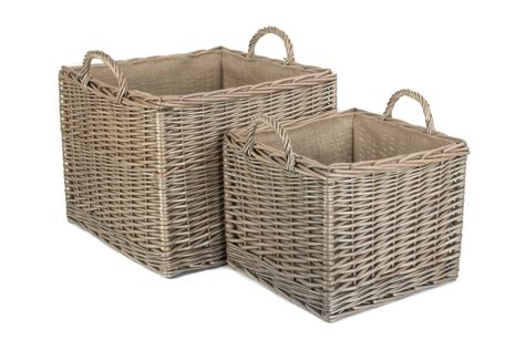 Square Lined Wicker Log Storage Basket Set 2 Storage Baskets