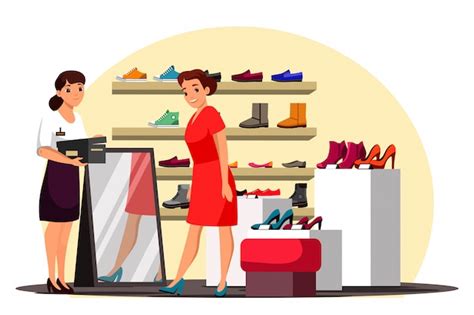 illustration de la scène du magasin de chaussures avec une cliente et une conseillère en vente